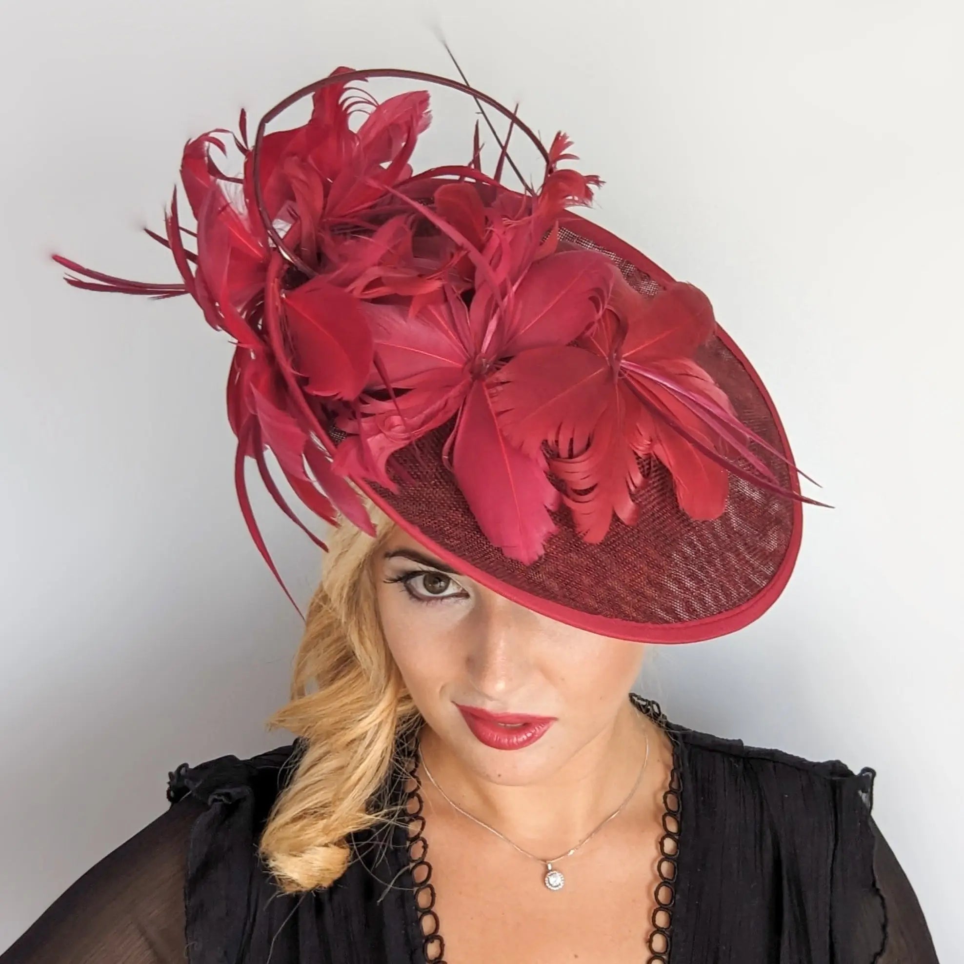 Burgundy feather large saucer disc fascinator hat - House of Hats