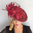 Burgundy feather large saucer disc fascinator hat - House of Hats