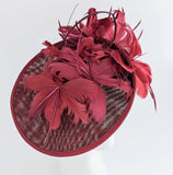 Burgundy feather large saucer disc fascinator hat - House of Hats