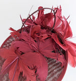 Burgundy feather large saucer disc fascinator hat - House of Hats