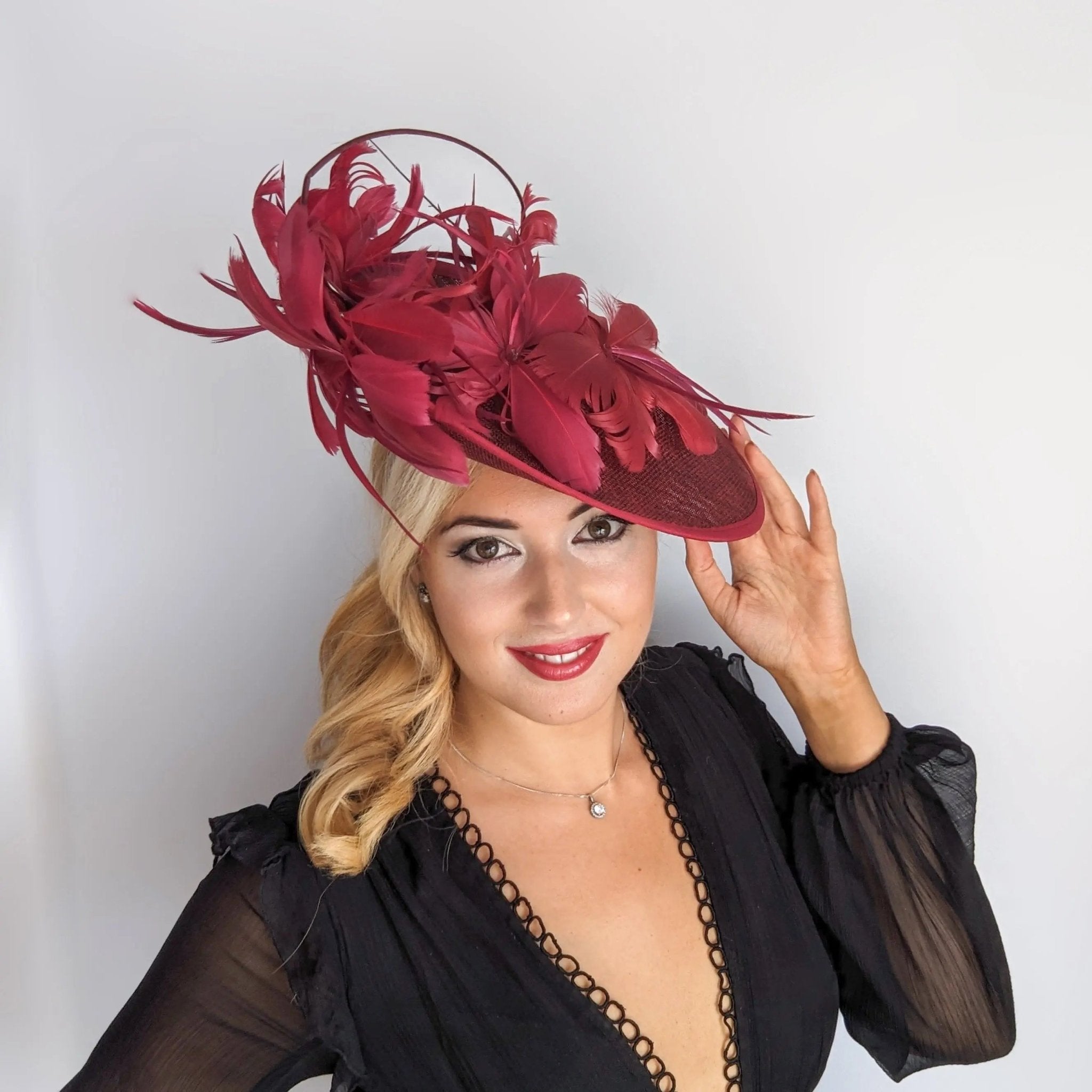 Burgundy feather large saucer disc fascinator hat - House of Hats
