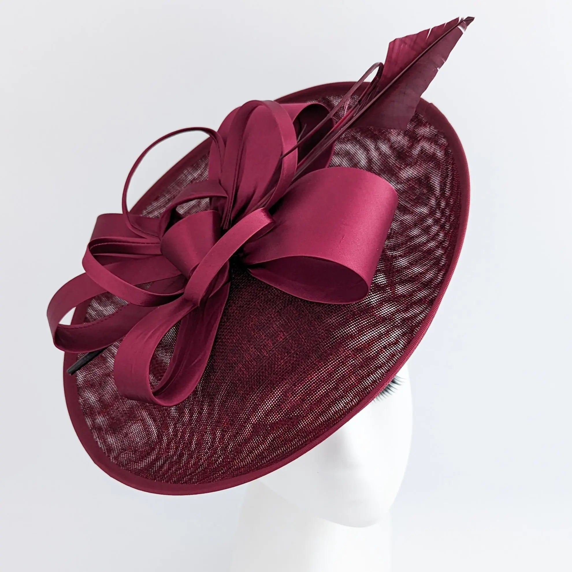 Burgundy feather large saucer disc fascinator hat - House of Hats