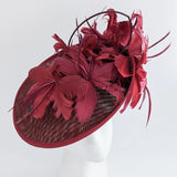 Burgundy feather large saucer disc fascinator hat - House of Hats