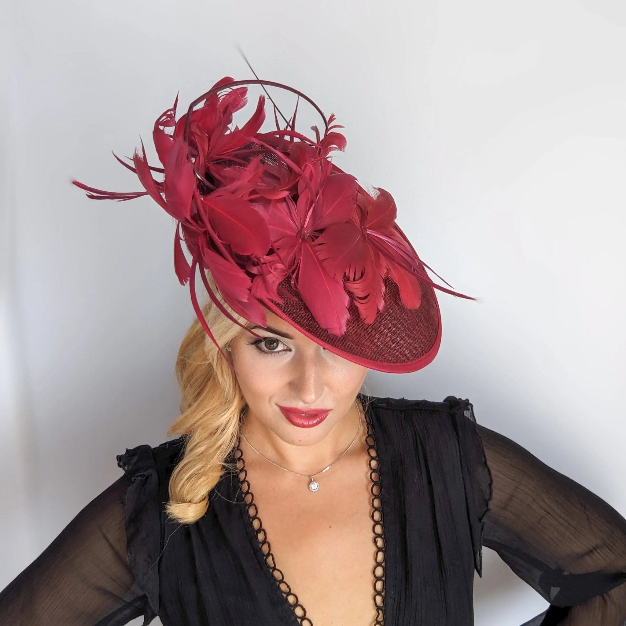 Burgundy feather large saucer disc fascinator hat - House of Hats
