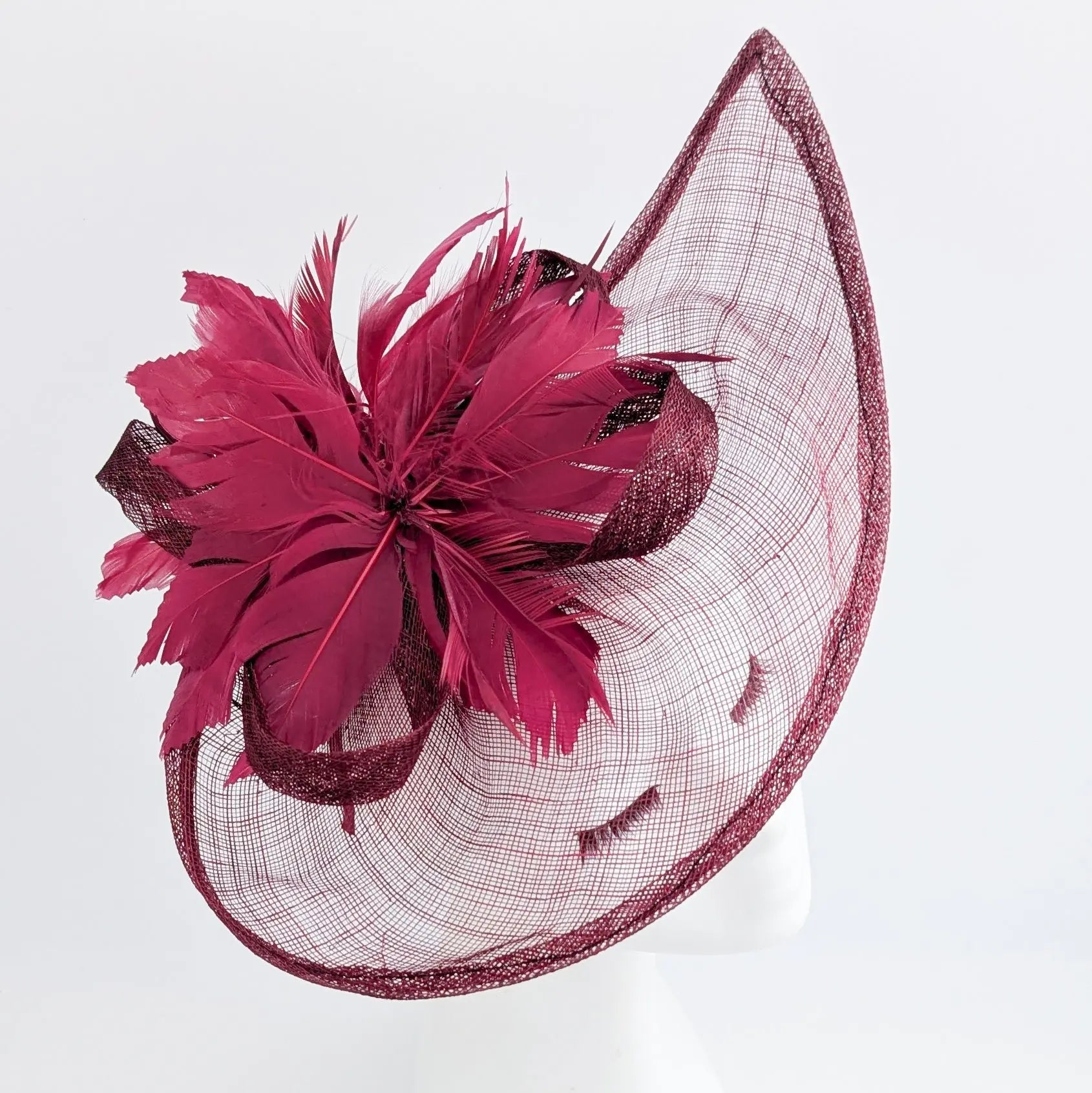 Burgundy feather large teardrop fascinator hat - House of Hats