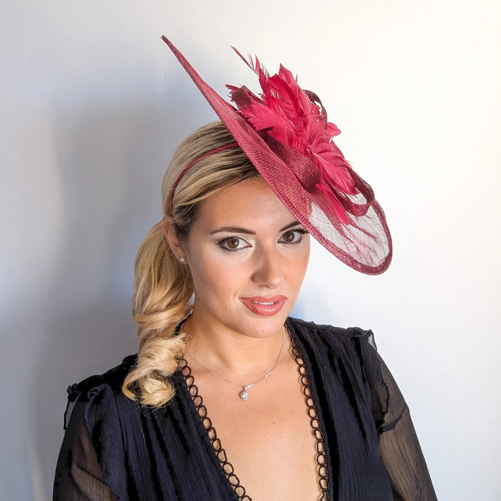 Burgundy feather large teardrop fascinator hat - House of Hats