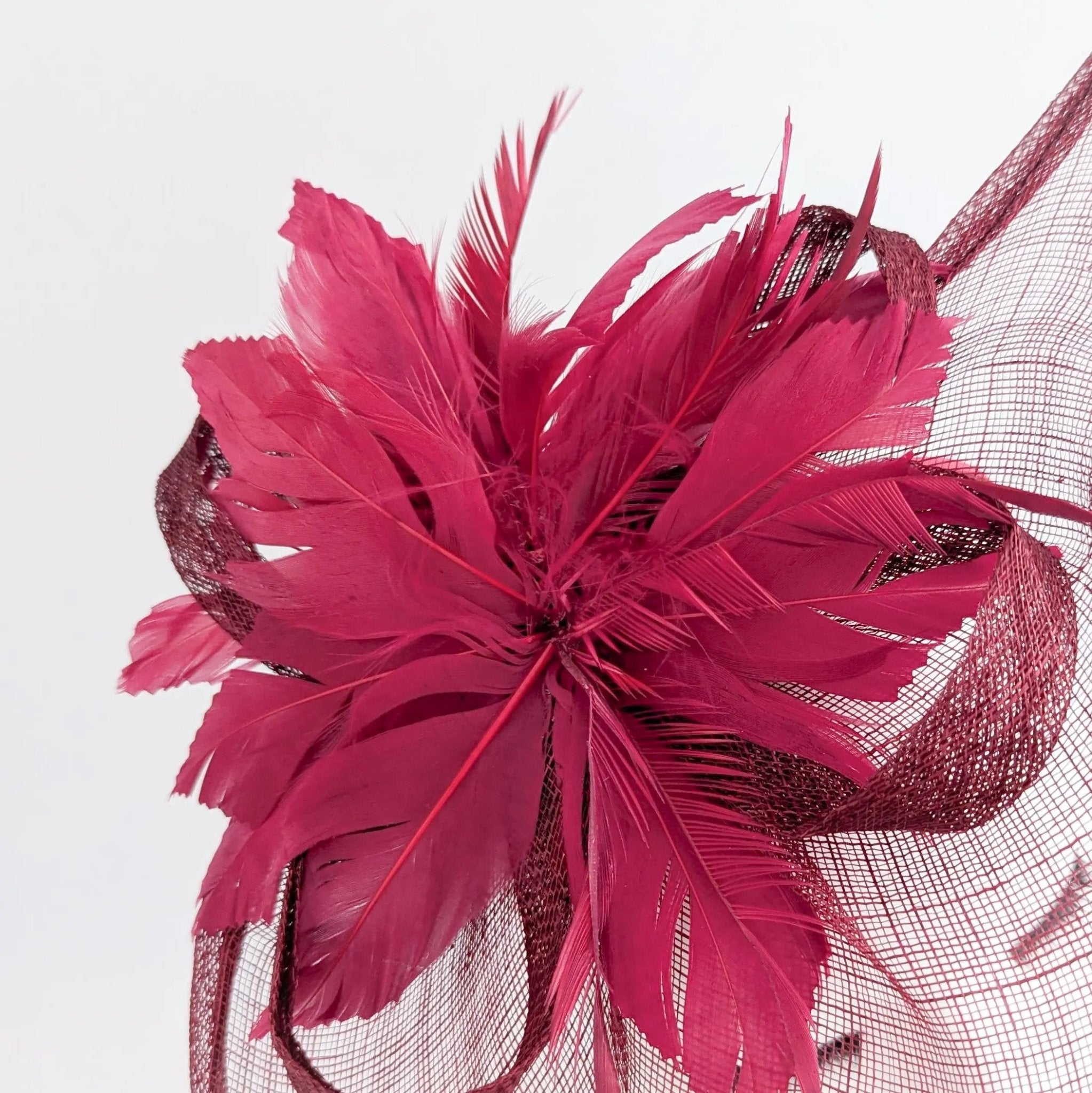 Burgundy feather large teardrop fascinator hat - House of Hats