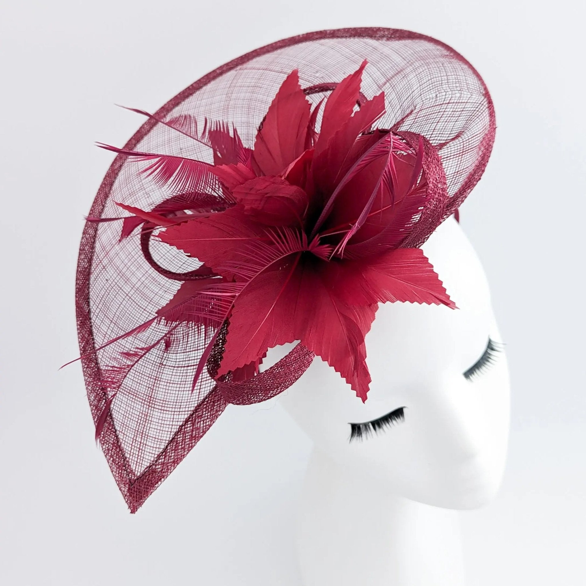 Burgundy feather large teardrop fascinator hat - House of Hats