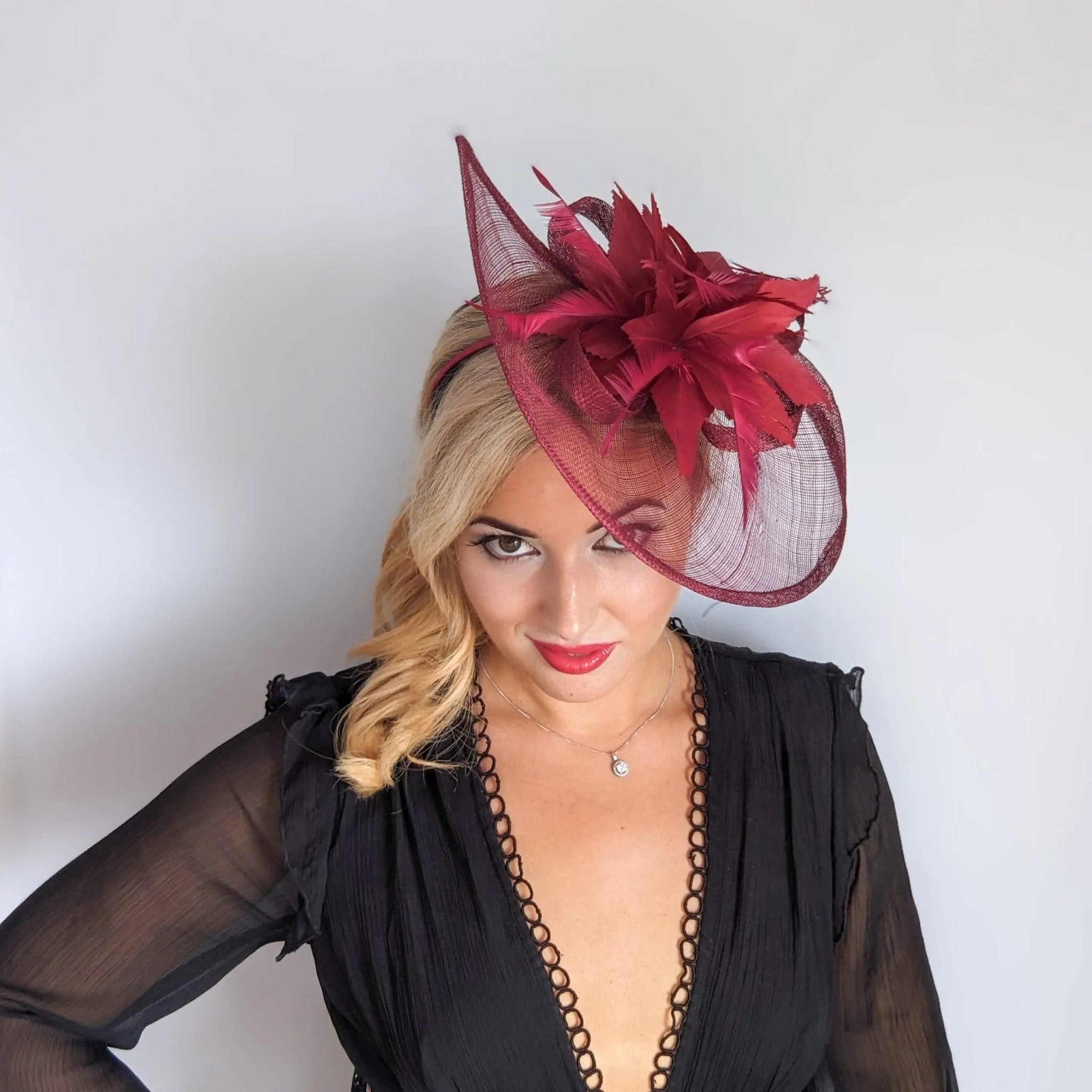 Burgundy feather large teardrop fascinator hat - House of Hats