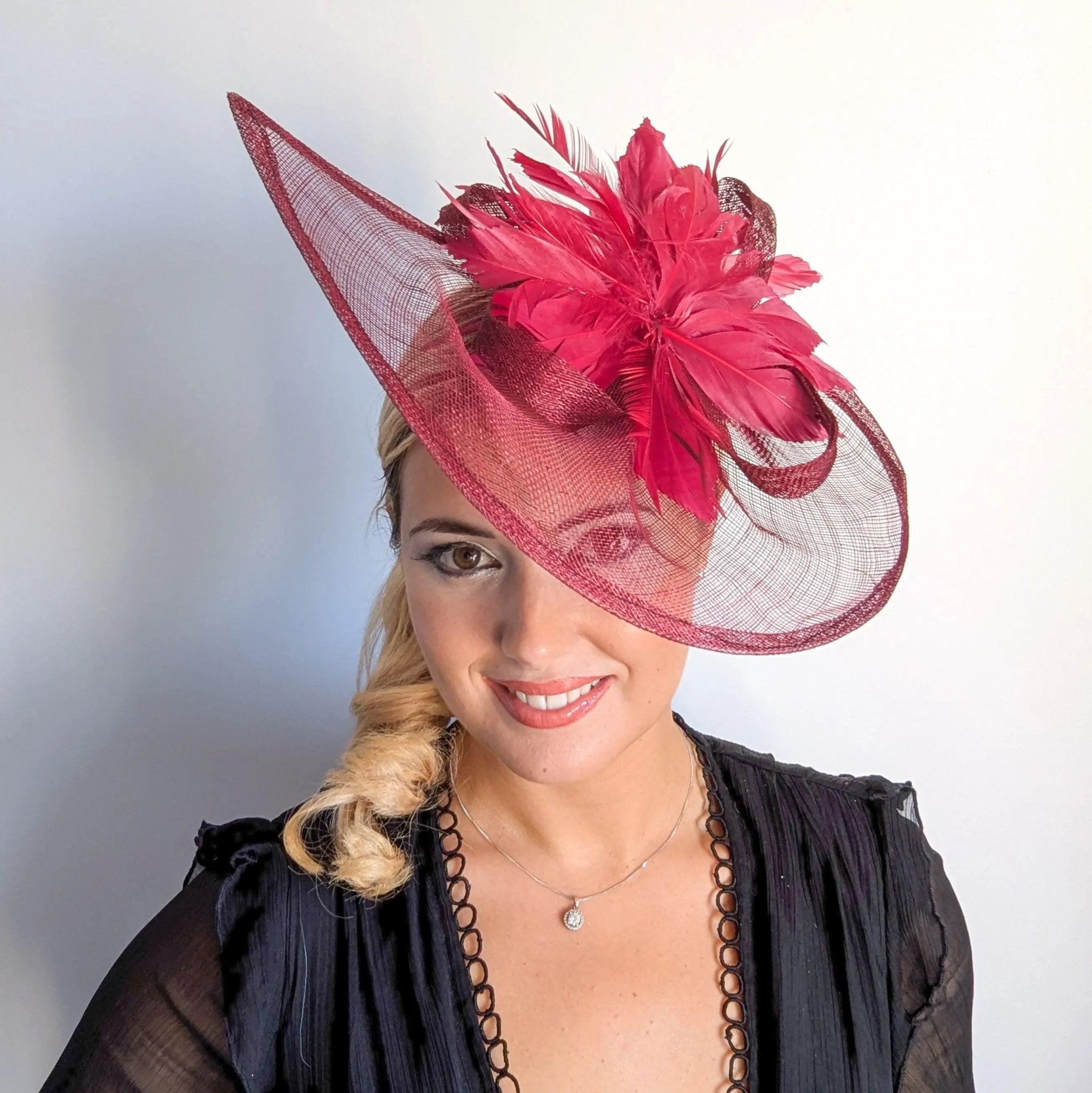 Burgundy feather large teardrop fascinator hat - House of Hats