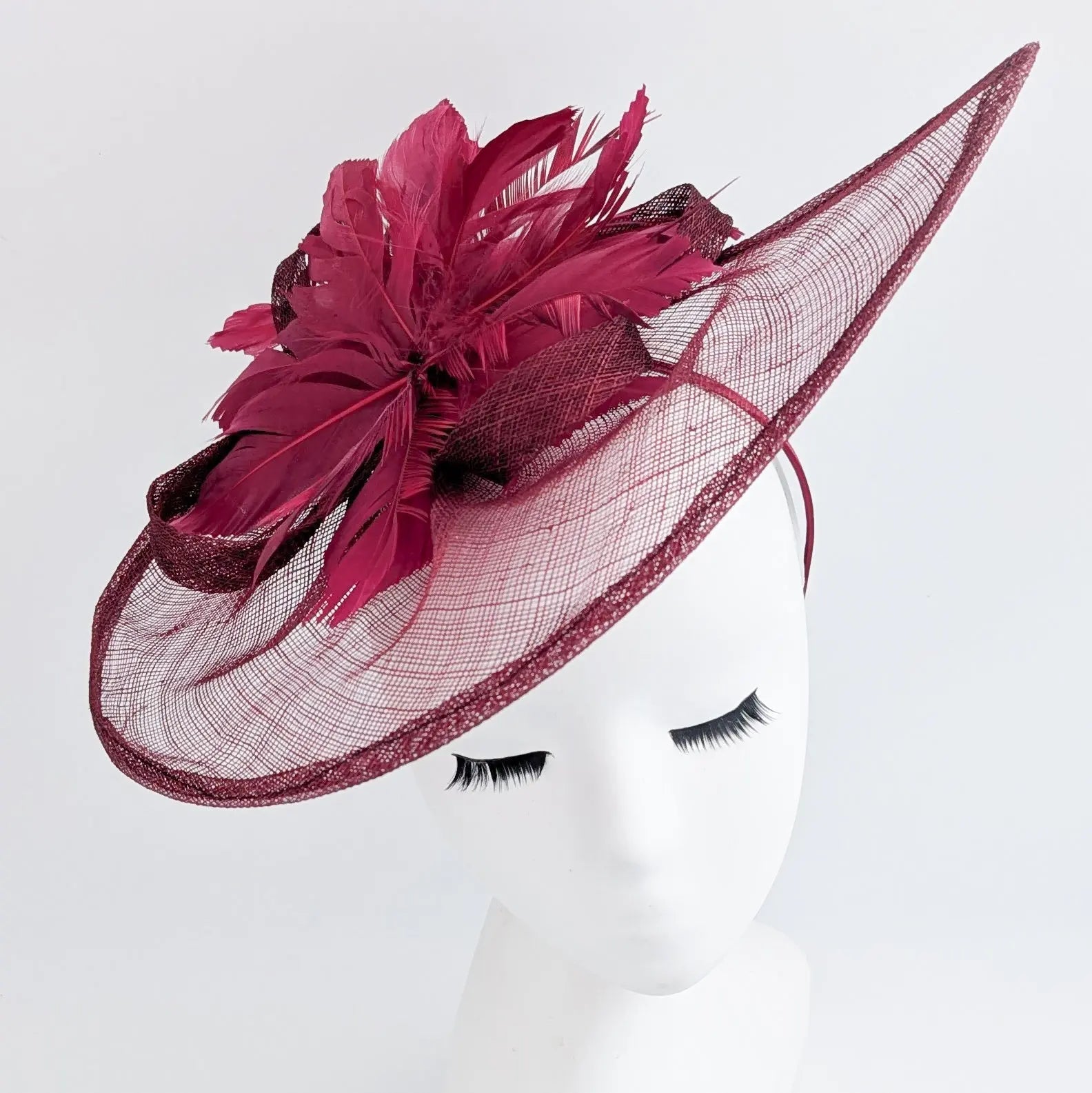 Burgundy feather large teardrop fascinator hat - House of Hats