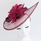 Burgundy feather large teardrop fascinator hat - House of Hats