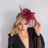 Burgundy feather large teardrop fascinator hat - House of Hats
