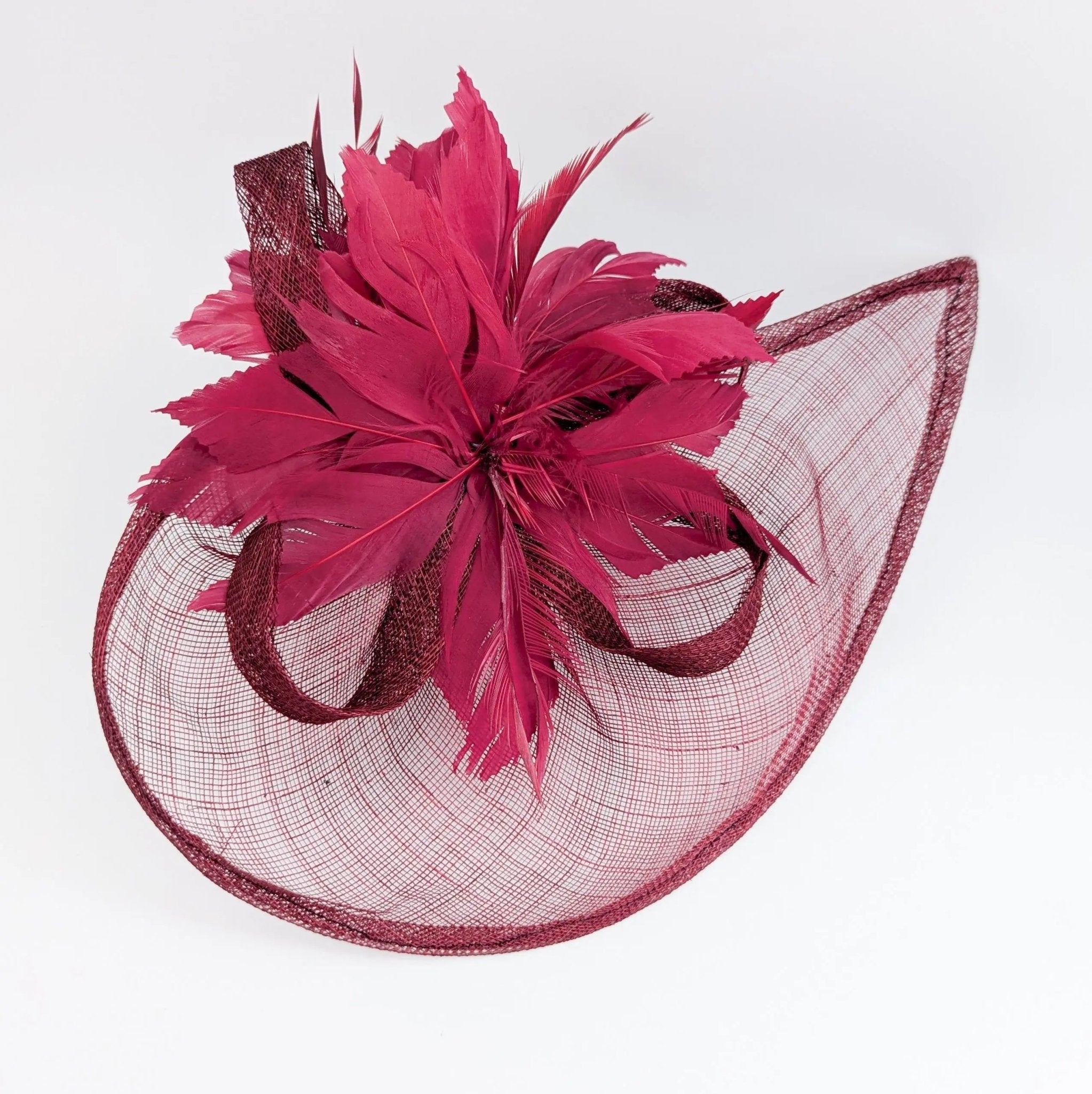 Burgundy feather large teardrop fascinator hat - House of Hats