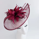 Burgundy feather large teardrop fascinator hat - House of Hats
