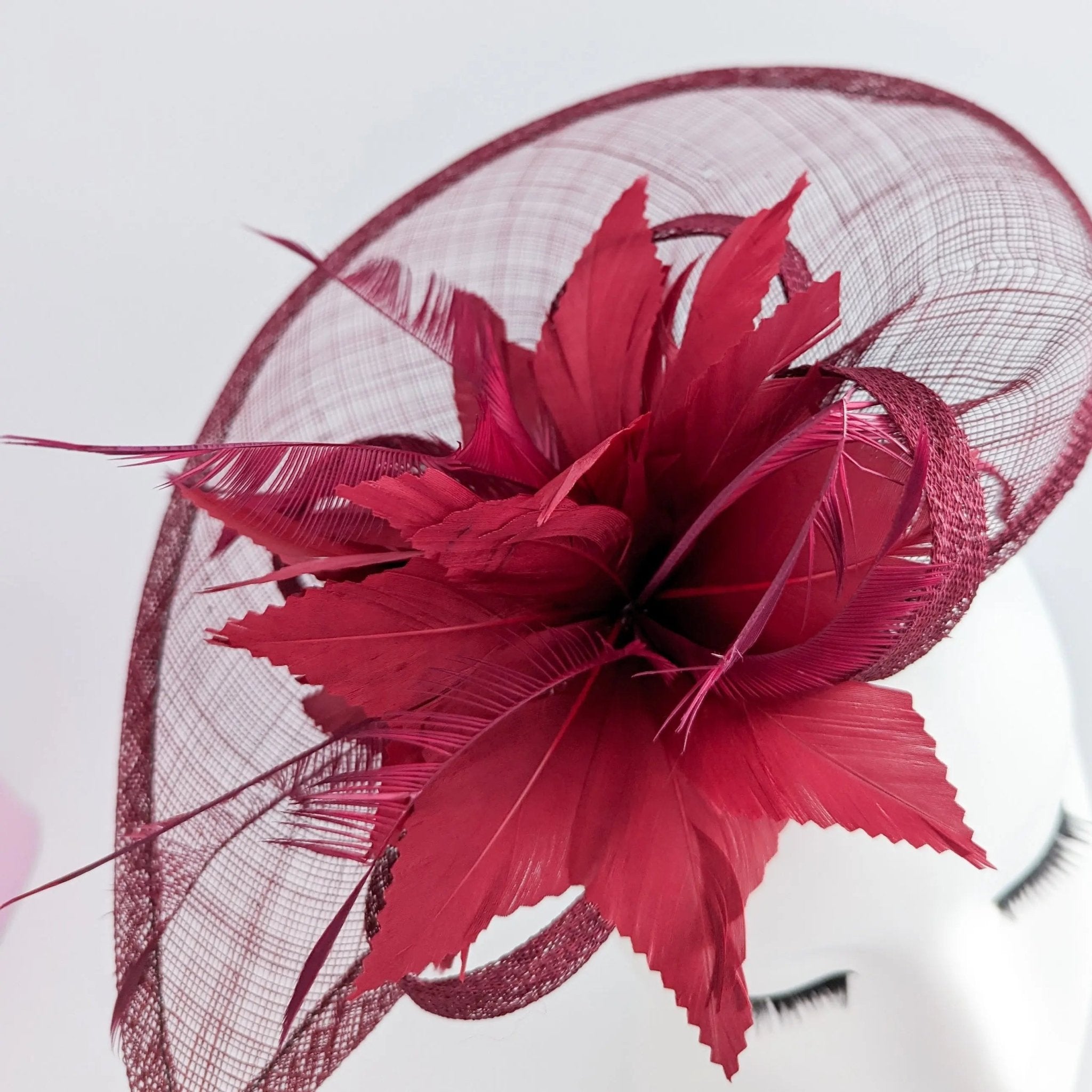 Burgundy feather large teardrop fascinator hat - House of Hats