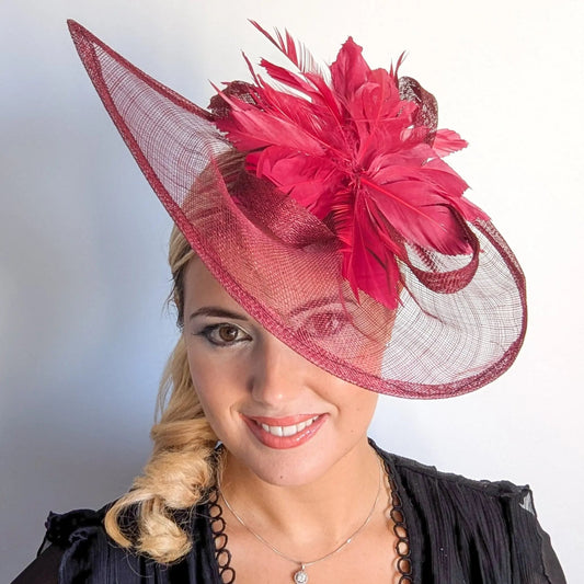 Burgundy feather large teardrop fascinator hat - House of Hats