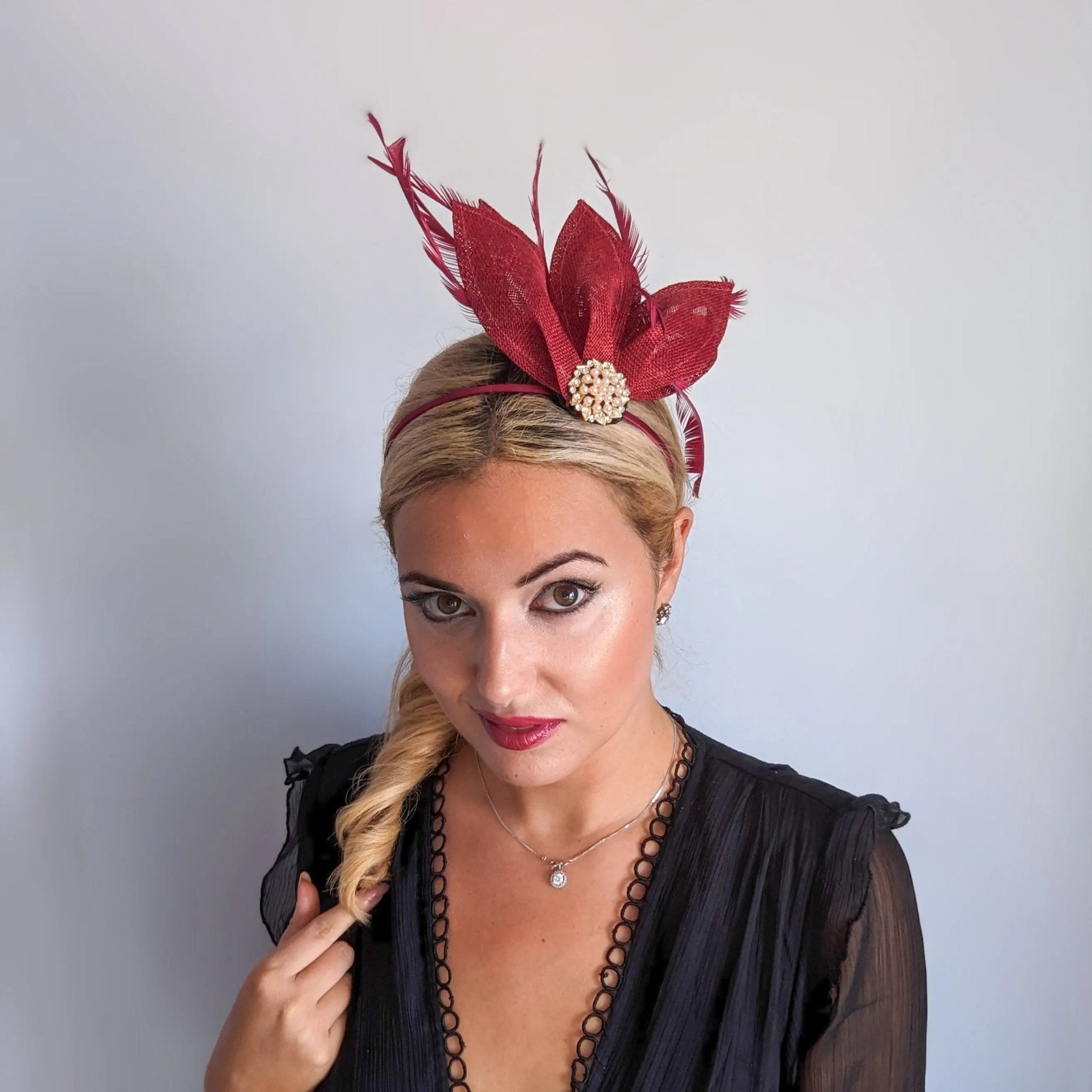 Burgundy feather petal fan fascinator hat - House of Hats