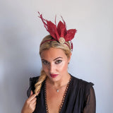 Burgundy feather petal fan fascinator hat - House of Hats