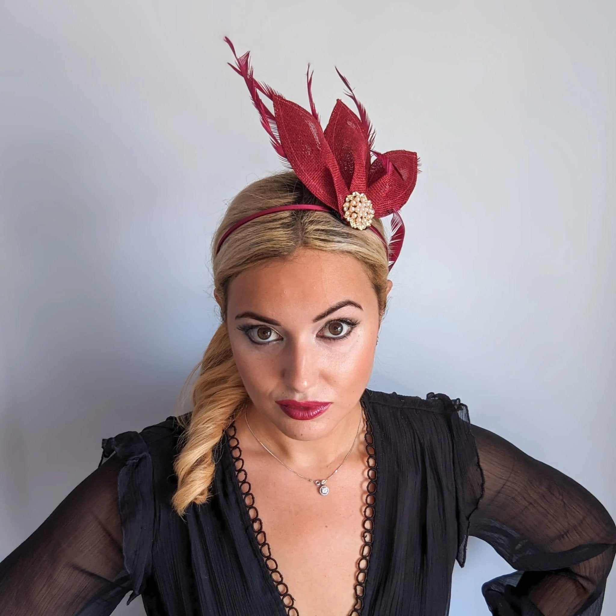 Burgundy feather petal fan fascinator hat - House of Hats