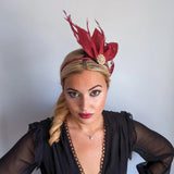 Burgundy feather petal fan fascinator hat - House of Hats