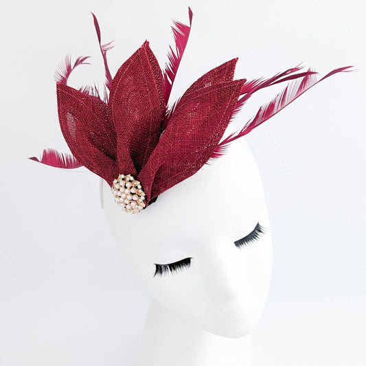 Burgundy feather petal fan fascinator hat - House of Hats