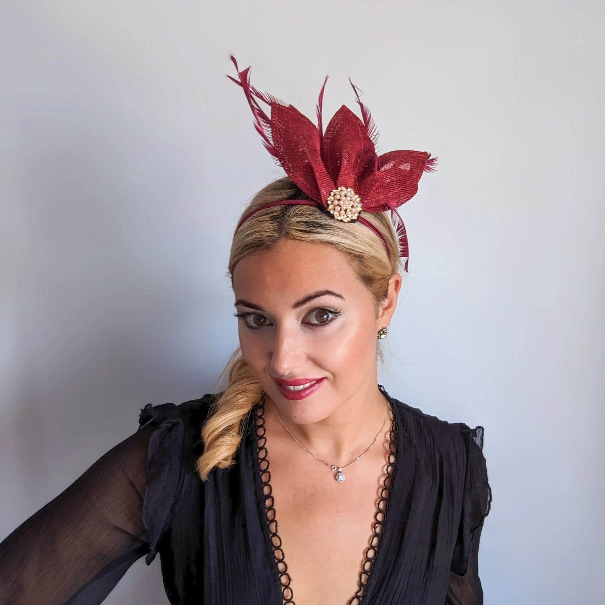 Burgundy feather petal fan fascinator hat - House of Hats