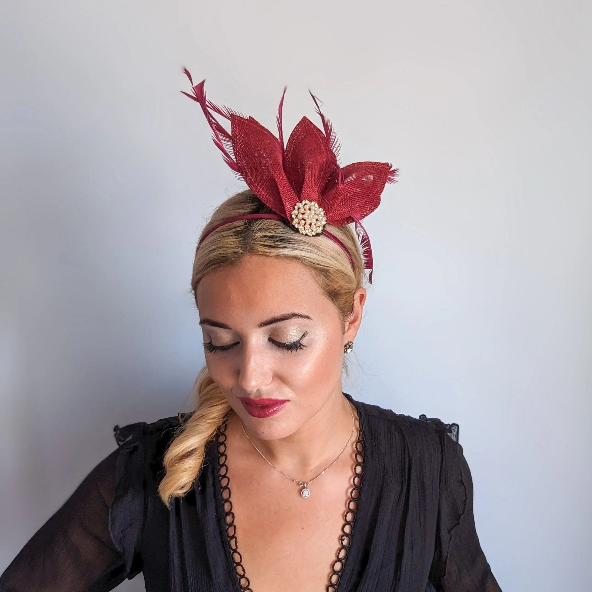Burgundy feather petal fan fascinator hat - House of Hats