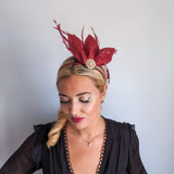 Burgundy feather petal fan fascinator hat - House of Hats