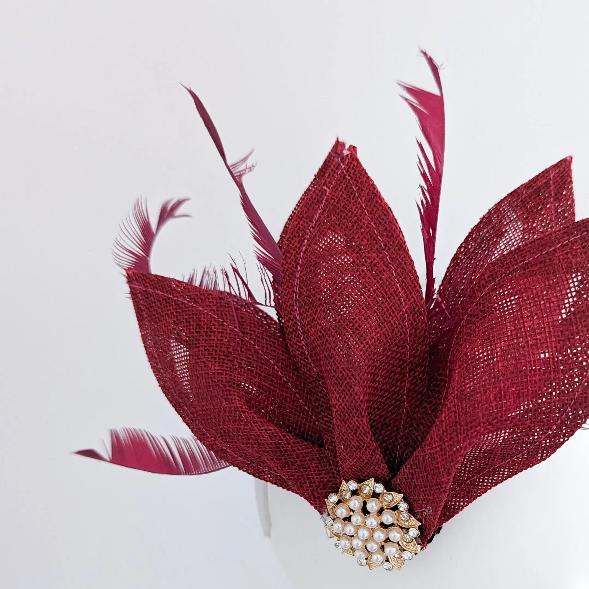 Burgundy feather petal fan fascinator hat - House of Hats
