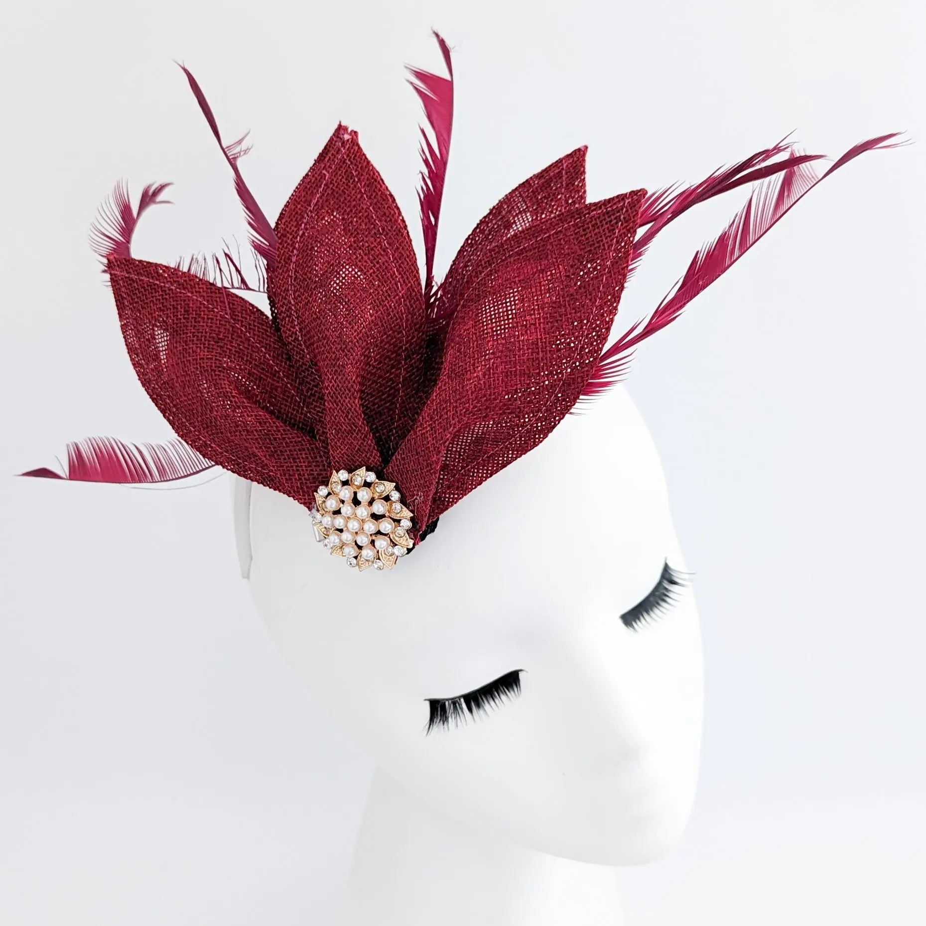 Burgundy feather petal fan fascinator hat - House of Hats