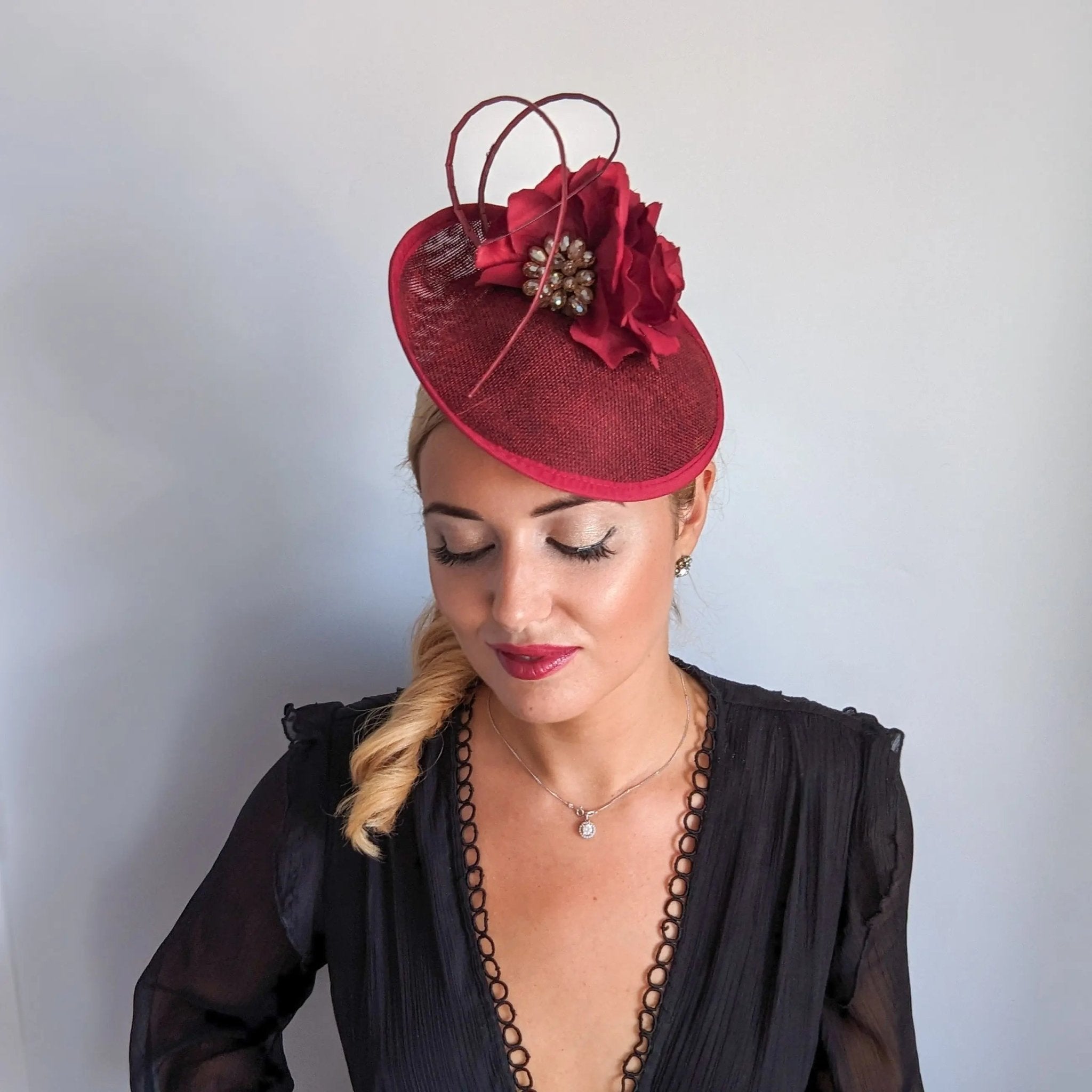 Burgundy flower disc saucer fascinator hat - House of Hats