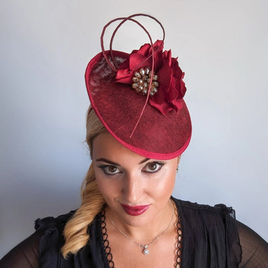 Burgundy flower disc saucer fascinator hat - House of Hats