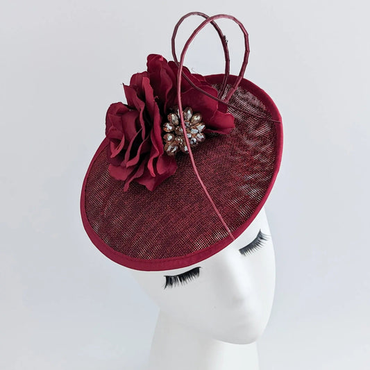 Burgundy flower disc saucer fascinator hat - House of Hats
