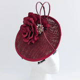 Burgundy flower disc saucer fascinator hat - House of Hats