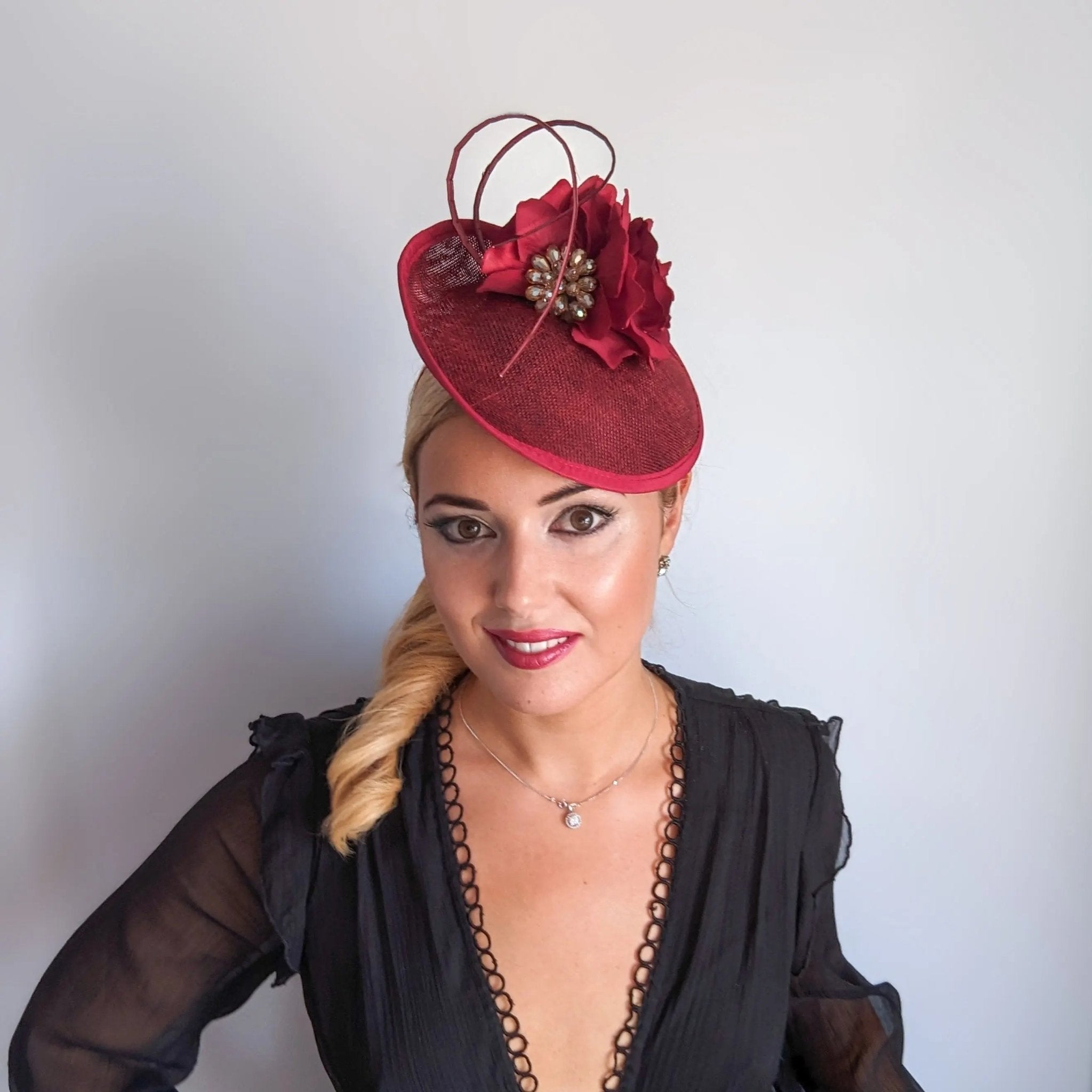 Burgundy flower disc saucer fascinator hat - House of Hats