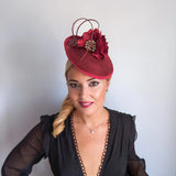 Burgundy flower disc saucer fascinator hat - House of Hats
