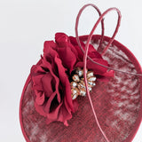 Burgundy flower disc saucer fascinator hat - House of Hats