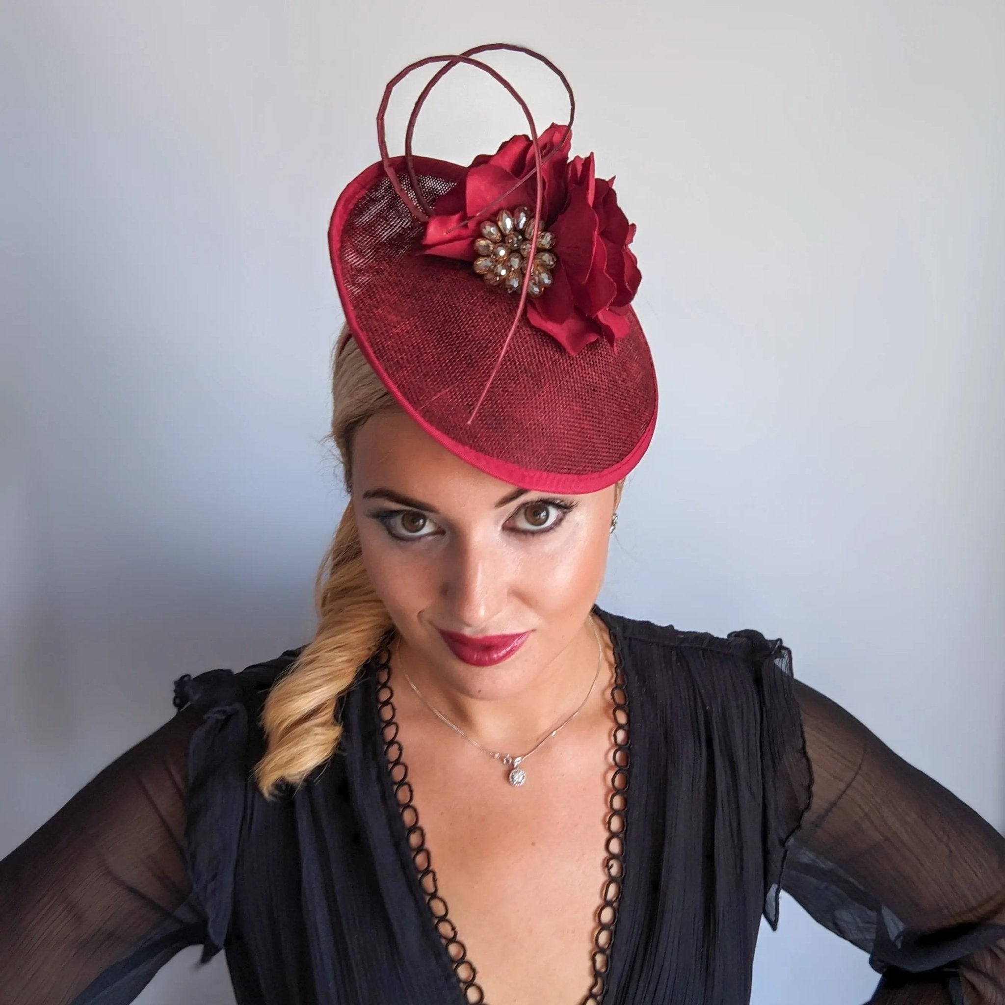 Burgundy flower disc saucer fascinator hat - House of Hats
