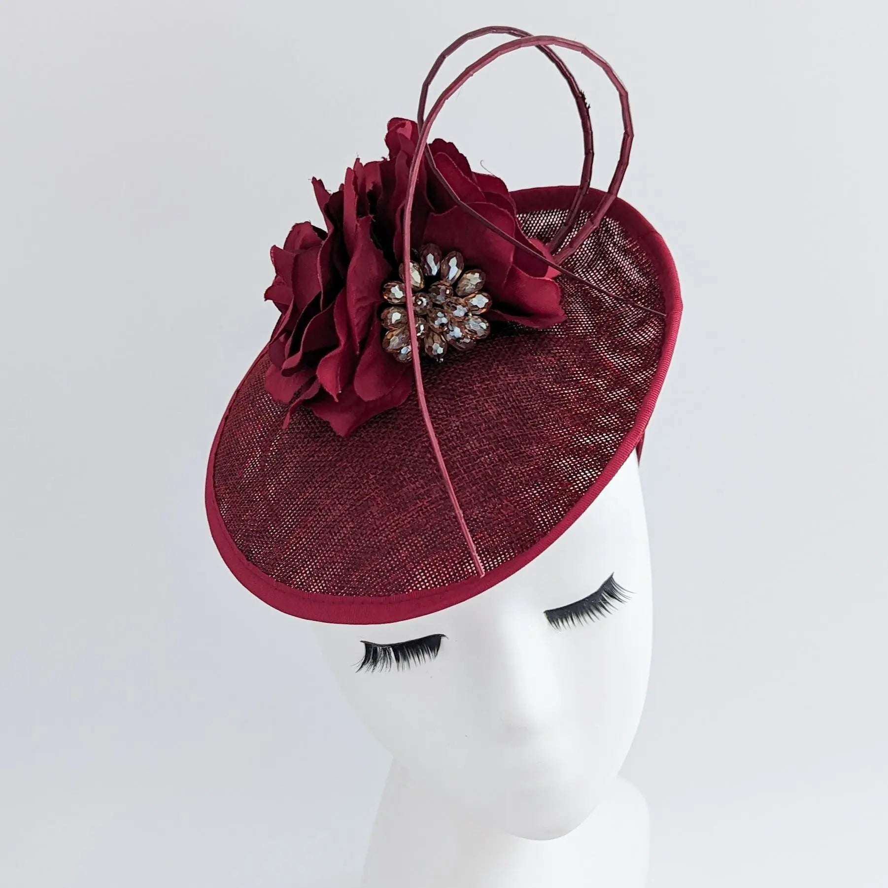 Burgundy flower disc saucer fascinator hat - House of Hats