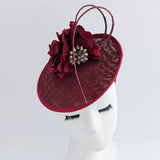 Burgundy flower disc saucer fascinator hat - House of Hats