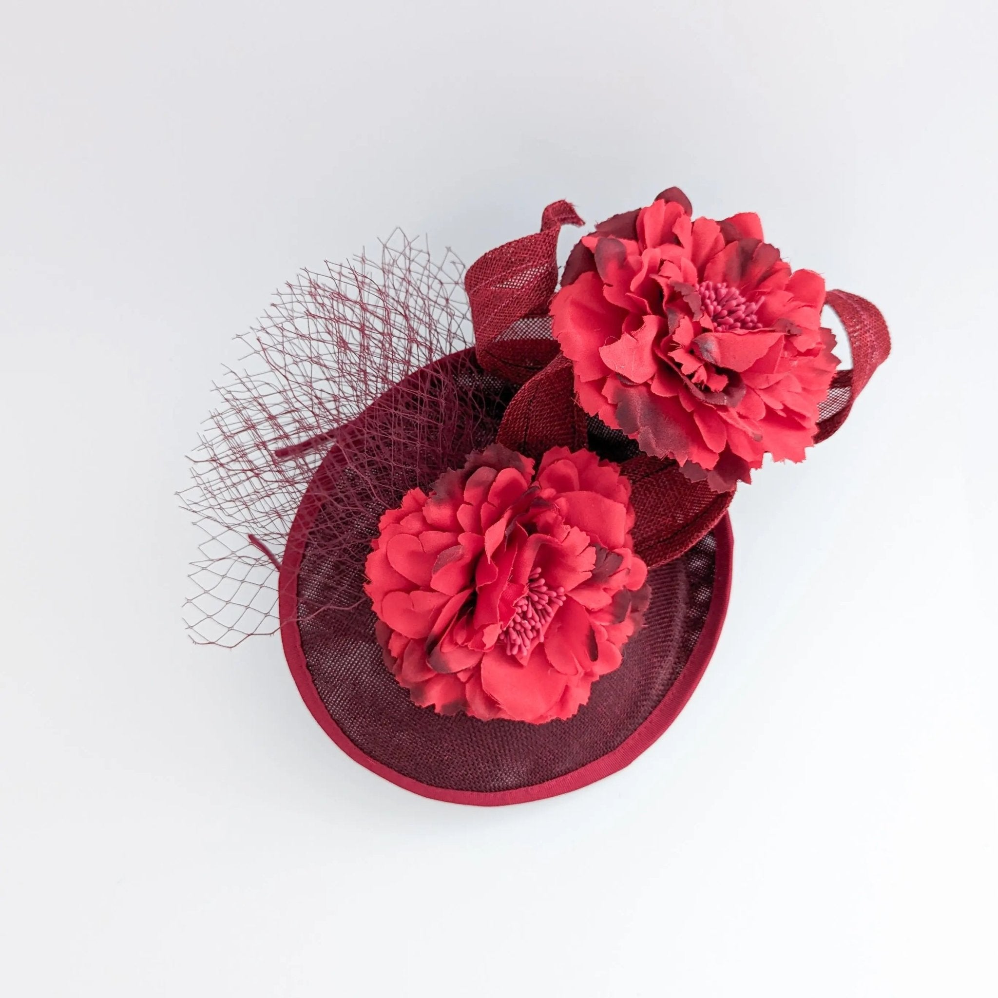 Burgundy flower fascinator disc saucer hat - House of Hats