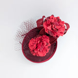 Burgundy flower fascinator disc saucer hat - House of Hats