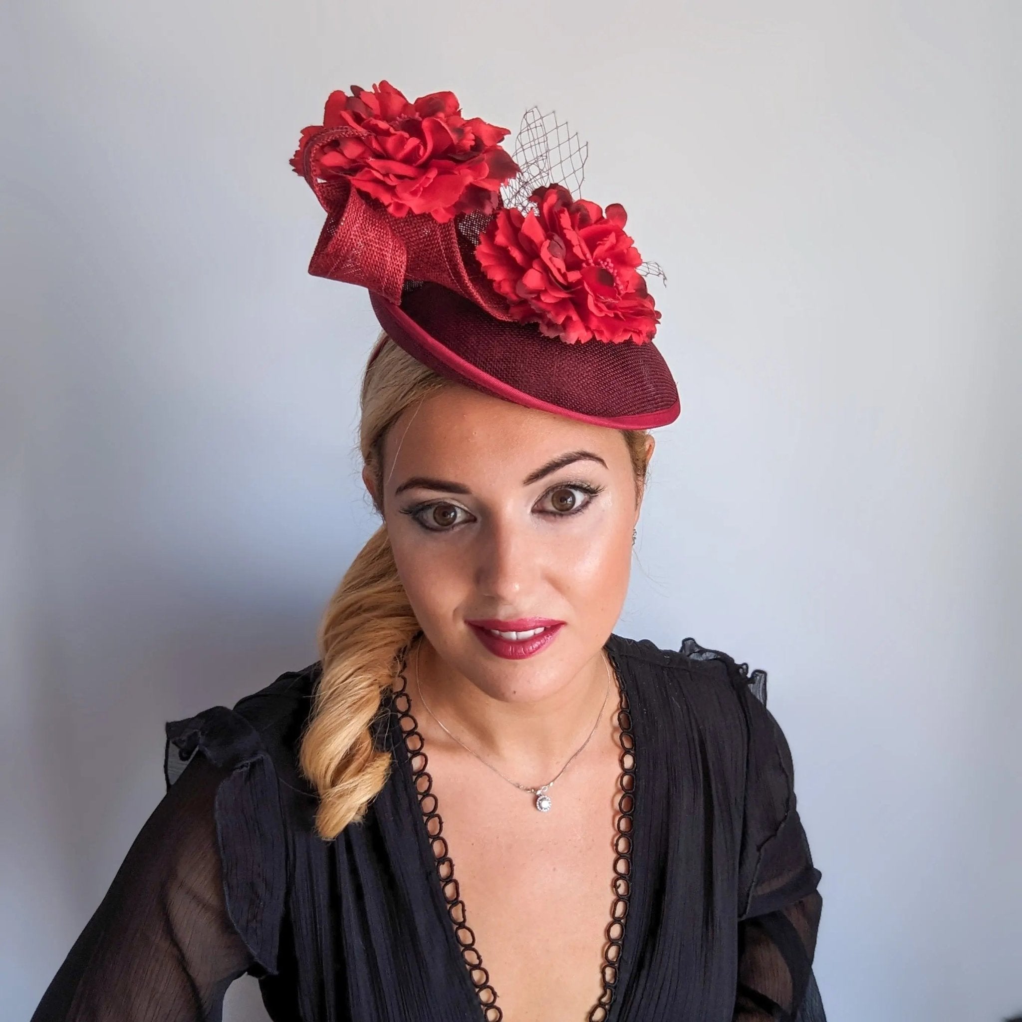 Burgundy flower fascinator disc saucer hat - House of Hats