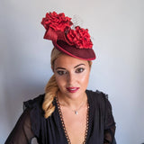 Burgundy flower fascinator disc saucer hat - House of Hats
