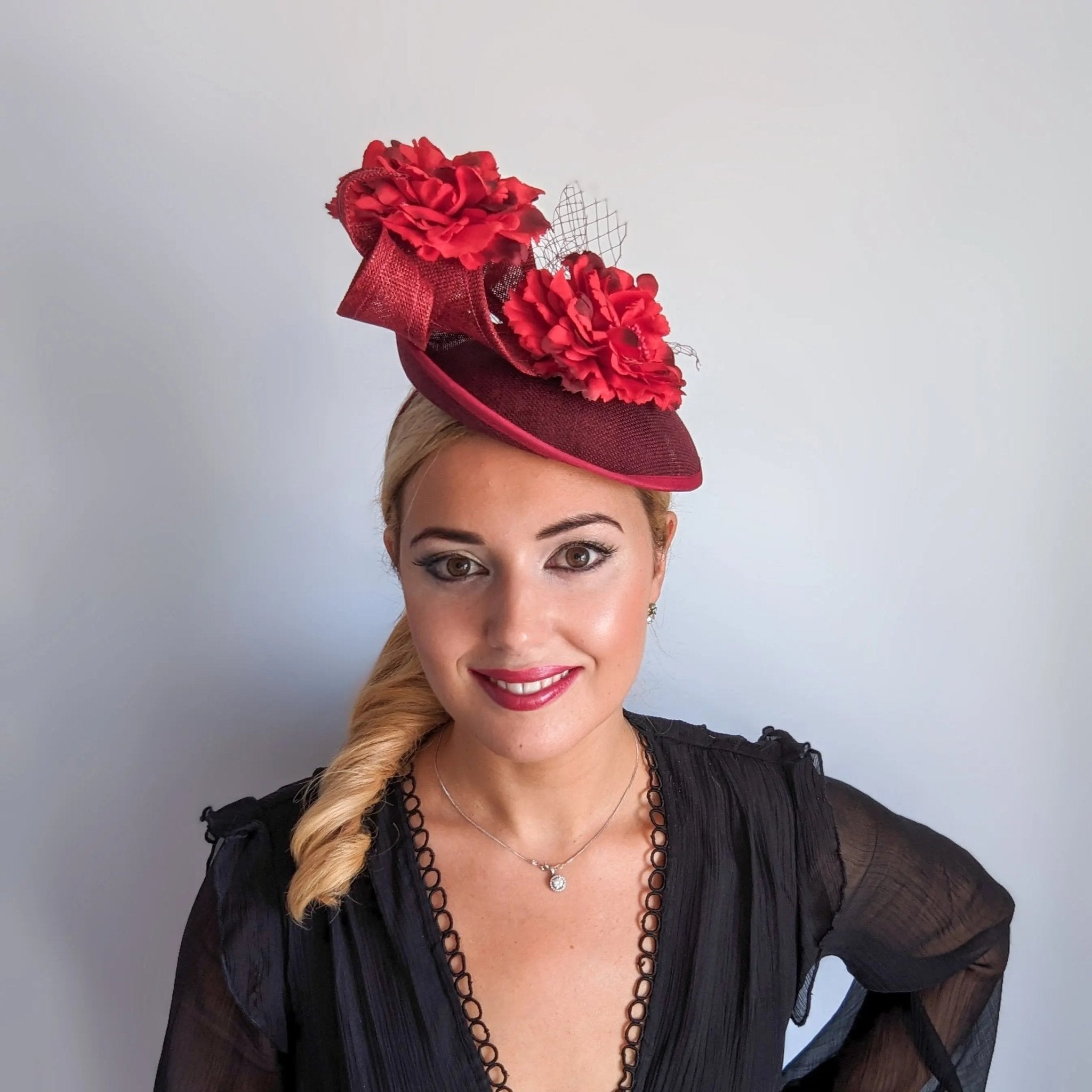 Burgundy flower fascinator disc saucer hat - House of Hats
