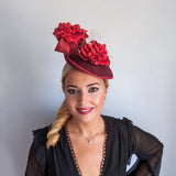 Burgundy flower fascinator disc saucer hat - House of Hats