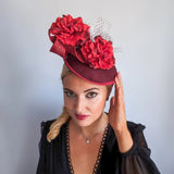 Burgundy flower fascinator disc saucer hat - House of Hats