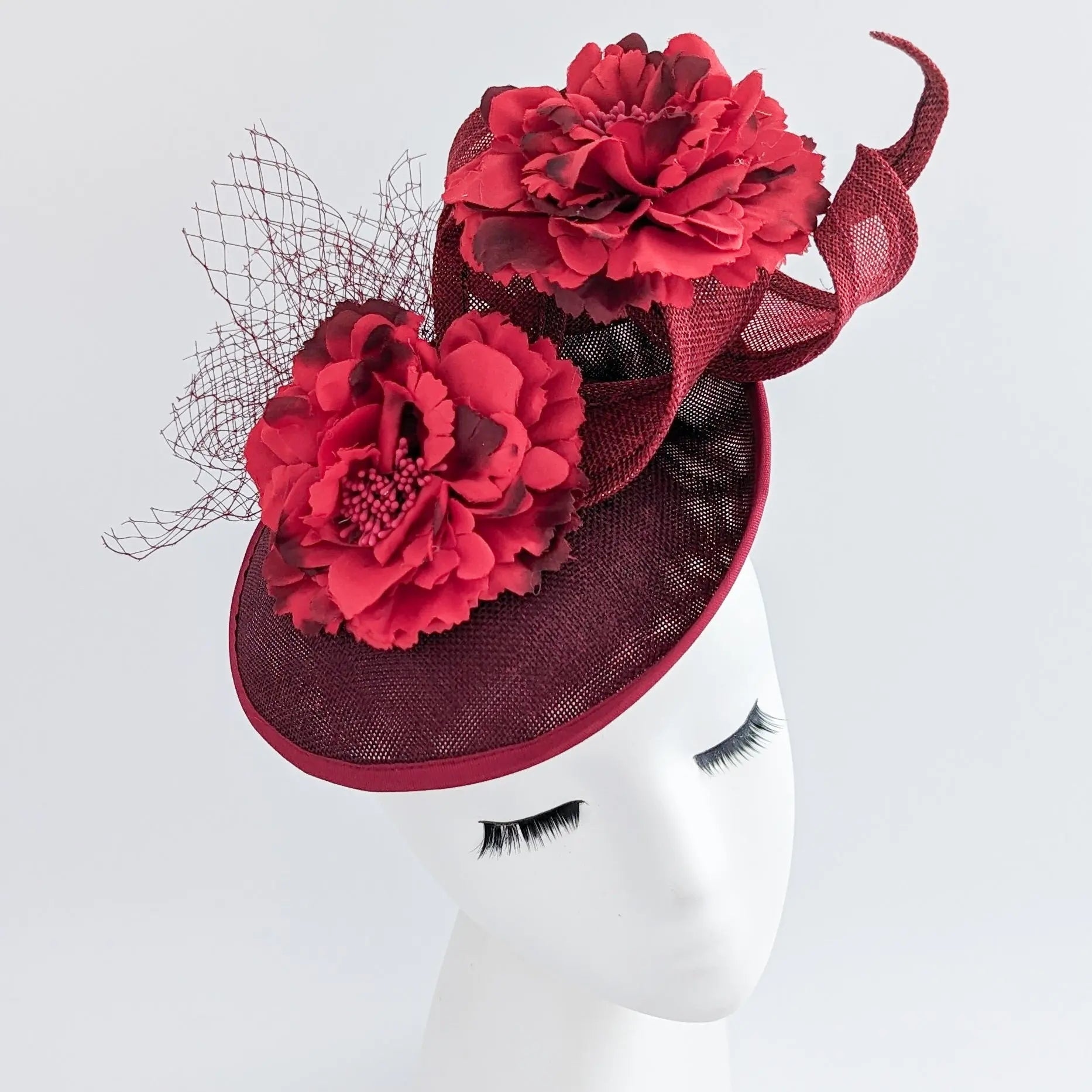 Burgundy flower fascinator disc saucer hat - House of Hats