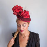 Burgundy flower fascinator disc saucer hat - House of Hats